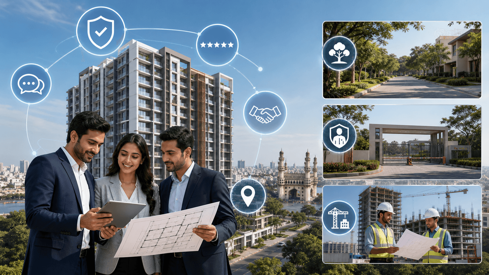 Laptop showing a forum page beside a Hyderabad skyline and house icons, in cool blue tones with soft lighting.