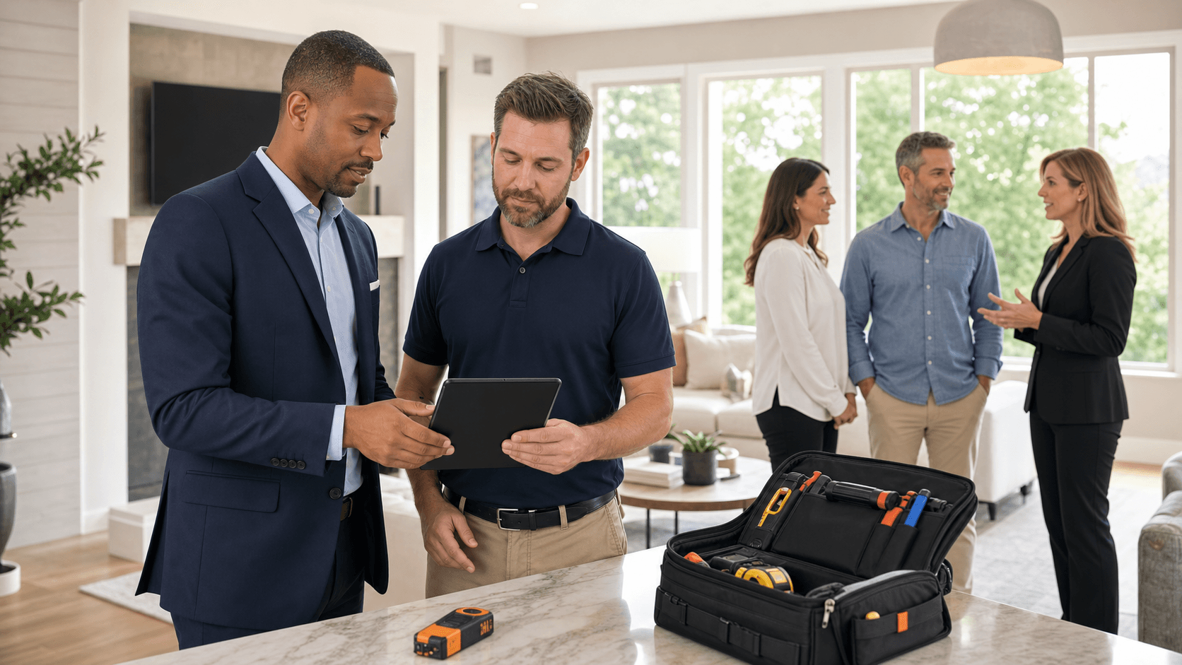 Smiling real estate agent shaking hands with a couple in front of a modern house, holding a clipboard and keys
