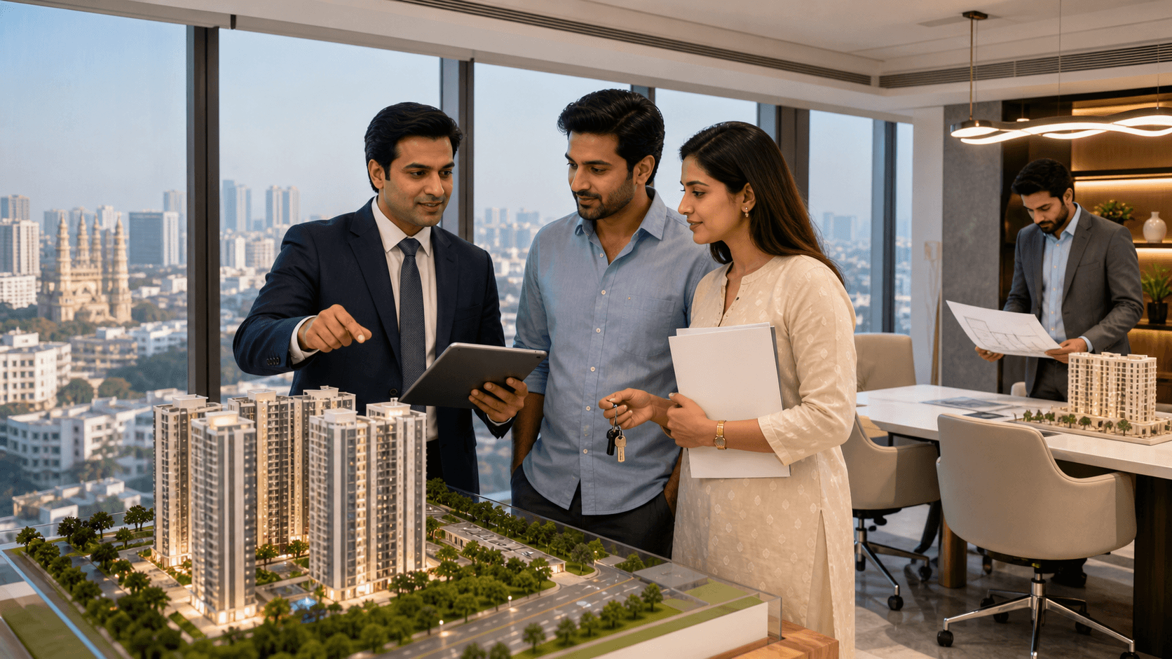 Modern Hyderabad skyline at sunset with a couple reviewing property documents at a desk in the foreground.